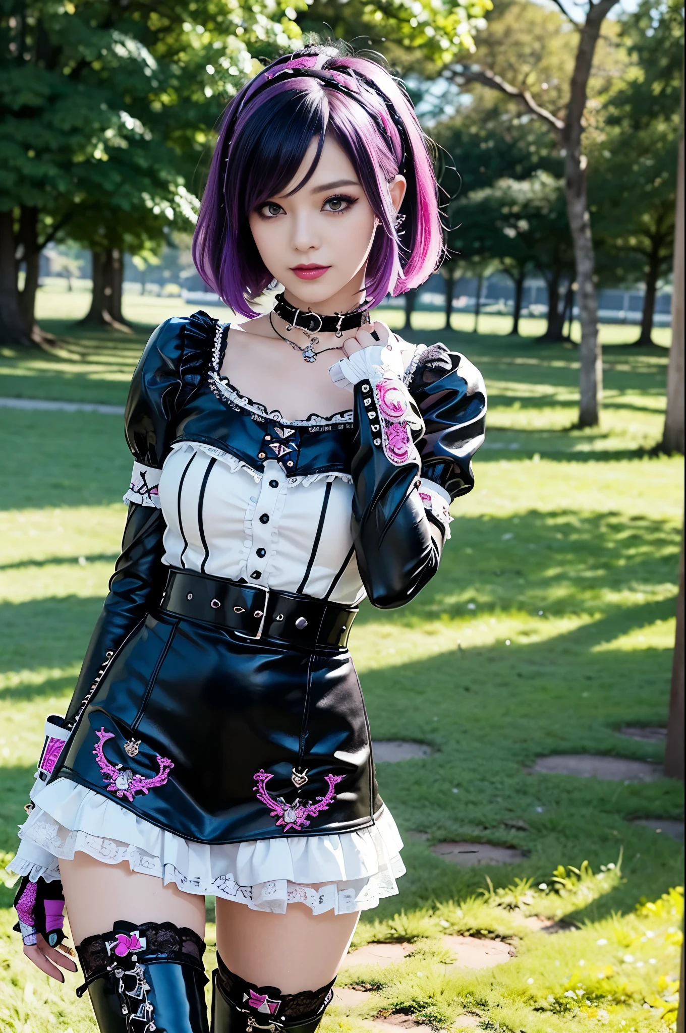 sexy stylish female model, only 1 female, ((doll-like appearance)), short purple stylish hair, ((shiny Punk-Style boots)), (big smile), ultra detailed eyes, Punk makeup, lip-gloss, ((sexy Punk Lolita cosplay)), unconventional skirt, petticoats, high neckline, ((ultra detailed lace)), ((ultra detailed embroidery)), intricate details, tartan patterns, safety pins, Punk Lolita accessoires, short black gloves, Punk Lolita choker, ((large sparkling Punk Lolita jewelry)), cinematic light, detailed large park background with trees