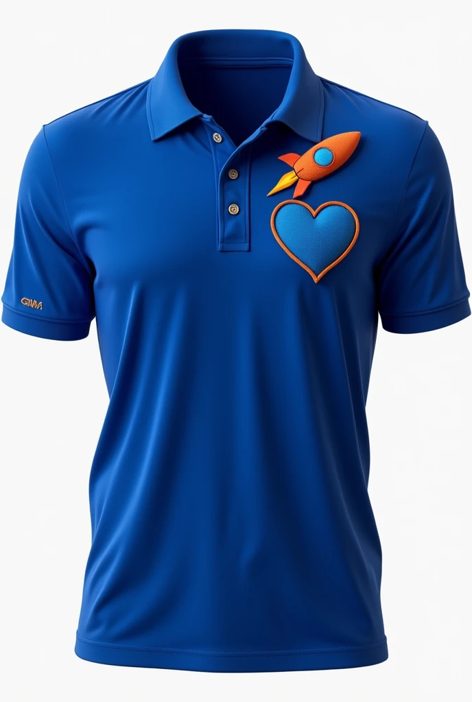 Generate a royal blue polo shirt with a blue heart and an orange heart and a rocket on the left side of the chest