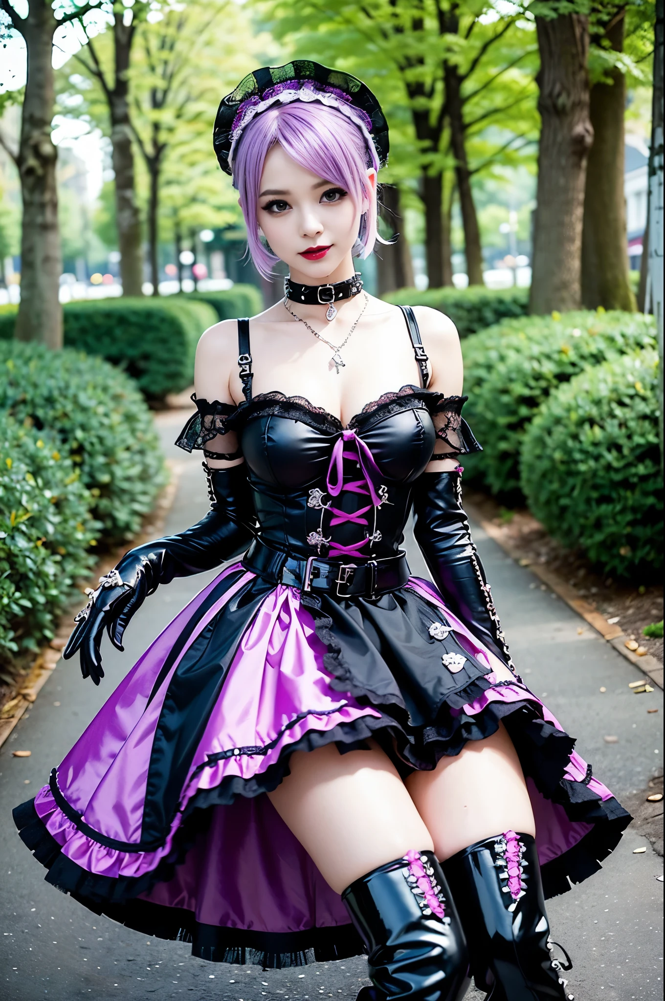 sexy stylish female model, only 1 female, ((doll-like appearance)), short purple stylish hair, ((shiny Punk-Style boots)), (big smile), ultra detailed eyes, Punk makeup, lip-gloss, ((sexy Punk ta cosplay)), unconventional skirt, petticoats, high neckline, ((ultra detailed lace)), ((ultra detailed embroidery)), intricate details, tartan patterns, safety pins, Punk Loliccessoires, short black gloves, Punk Lolita cr, ((large sparkling Punk Lolita jewel, cinematic light, detailed large park background with trees