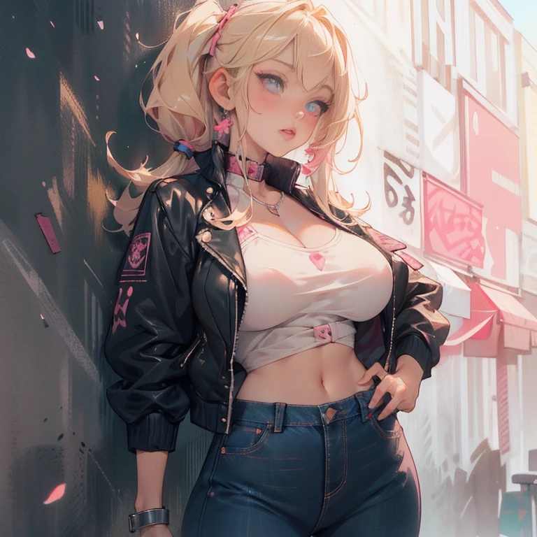 Anime Kawaii sexy Perfect Slim sensual body large breast and huge thighs, An intricate and highly detailed illustration of anime (Young girl) 8K,Ultra Detail,ultra-quality,ultra precision,ultimate masterpiece,GAL,big ,big Thigh,white leather jacket,jeans,twin tail(blond&pink mix),cool Graffiti on the wall,Cyber punk street,