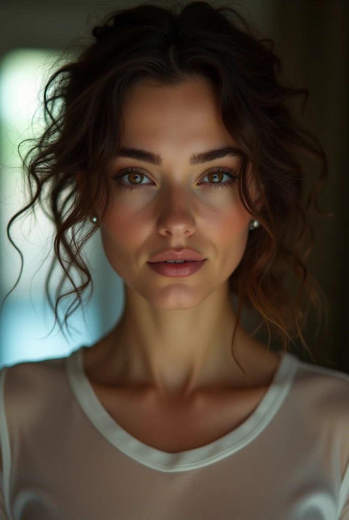 Breathtaking cinematic photo of a 30 year old girl with brown hair and brown eyes, happy, cheerful expression, closed mouth, beautiful lips, intricate details, shallow depth of field, highly detailed, high budget, epic Hollywood film, gorgeous, masterpiece, award-winning, professional, highly detailed, detailed skin texture, (blush: 0.5), (goosebumps: 0.5). (the most beautiful woman in the world) (brown hair) (short curly hair, wild hair, stylish cut) thin face, thin nose, beautiful, very beautiful, perfect face, slender body (slender), (brown hair) (brown eyes ) (white skin) Beautiful body, western face, predatory eyes, pink lips, thick thighs. full body, western beauty, thin nose, beautiful, perfect, ((best quality)), ((ultra resolution)), ((photorealistic: 1.4)), (intricate details), perfect face, makeup: 1.5 , clear face, facial details, white see through tshirt, nipples partially visible behind nude. front view ((uniform, tactical costume, agent costume, spy))