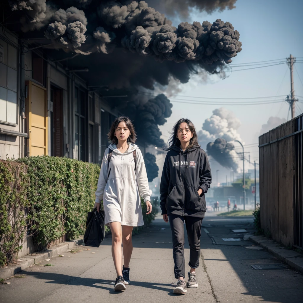 Ana walking around the city, seeing garbage in the streets and smoke from factories. texto/phrase: “She realizes how everyday actions are affecting the environment.”