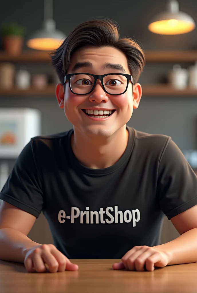 A man, straight hair, Calcasian, dark brown straight hair, black glasses frame, no beard, a little overweight, smiling and excited, brown eyes and happy look, black t-shirt and written in white "e-PrintShop" letters without serif and bold, character in the foreground.