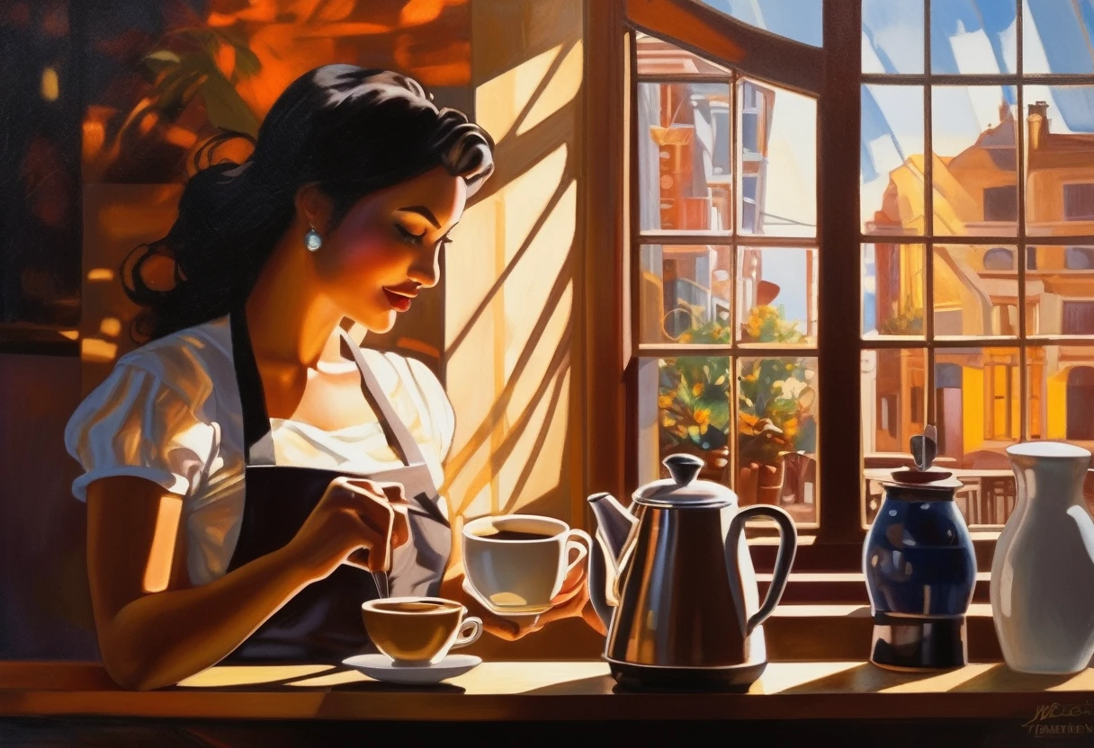 A captivating painting of a playfull and pretty barista at work, showcasing her curvy figure by the shadow play from a side view. She is skillfully preparing a tantalizing cup of coffee, her movements fluid and precise. The sunlight streams in through the window, casting a warm glow and emphasizing the rich colors and textures. The background reveals the cozy coffee shop ambiance, creating an inviting and enchanting atmosphere.