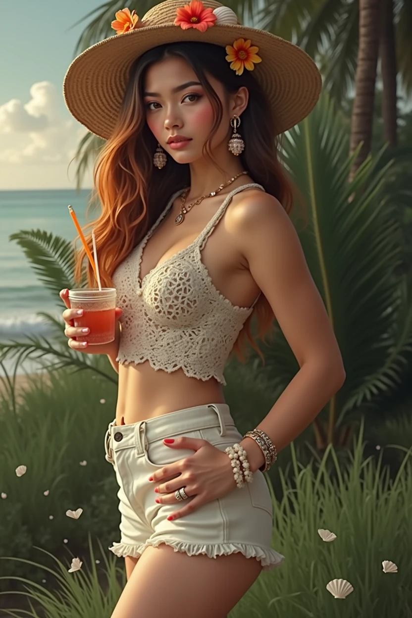 absurderes, high resolution, ultra detaild, 1 girl, standing alone, extremely detailed  eyes, star of the sea, seaseashell, seashell, flowers, ha, hair ornament, jewerly, straw ha, looking ahead at viewer, oculos de sol, ha flowers, drinking straw, hair clip, earrings, red flowers, colored glasses, yellow flowers, bangss, Text in english, multicolored hair, orange flowers, Bblack hair, ring, cup, long hair, orange-colored glasses, takeout, chestnut hair, portraite, seashell hair ornament