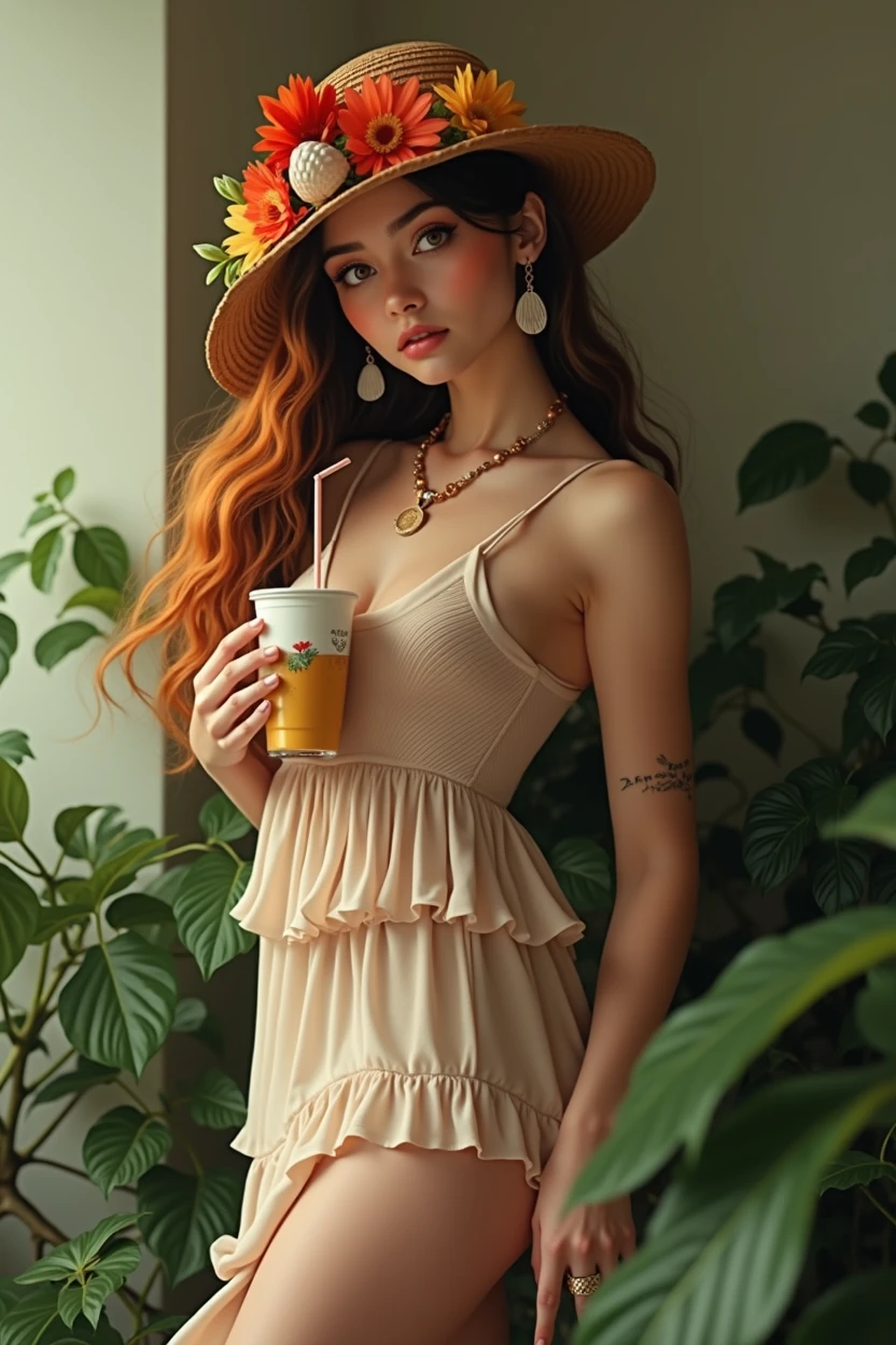 absurderes, high resolution, ultra detaild, 1 girl, standing alone, extremely detailed  eyes, star of the sea, seaseashell, seashell, flowers, ha, hair ornament, jewerly, straw ha, looking ahead at viewer, oculos de sol, ha flowers, drinking straw, hair clip, earrings, red flowers, colored glasses, yellow flowers, bangss, Text in english, multicolored hair, orange flowers, Bblack hair, ring, cup, long hair, orange-colored glasses, takeout, chestnut hair, portraite, seashell hair ornament
