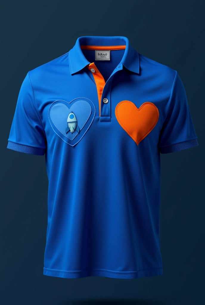 Generate a royal blue polo shirt with a blue heart and an orange heart and a rocket on the left side of the chest