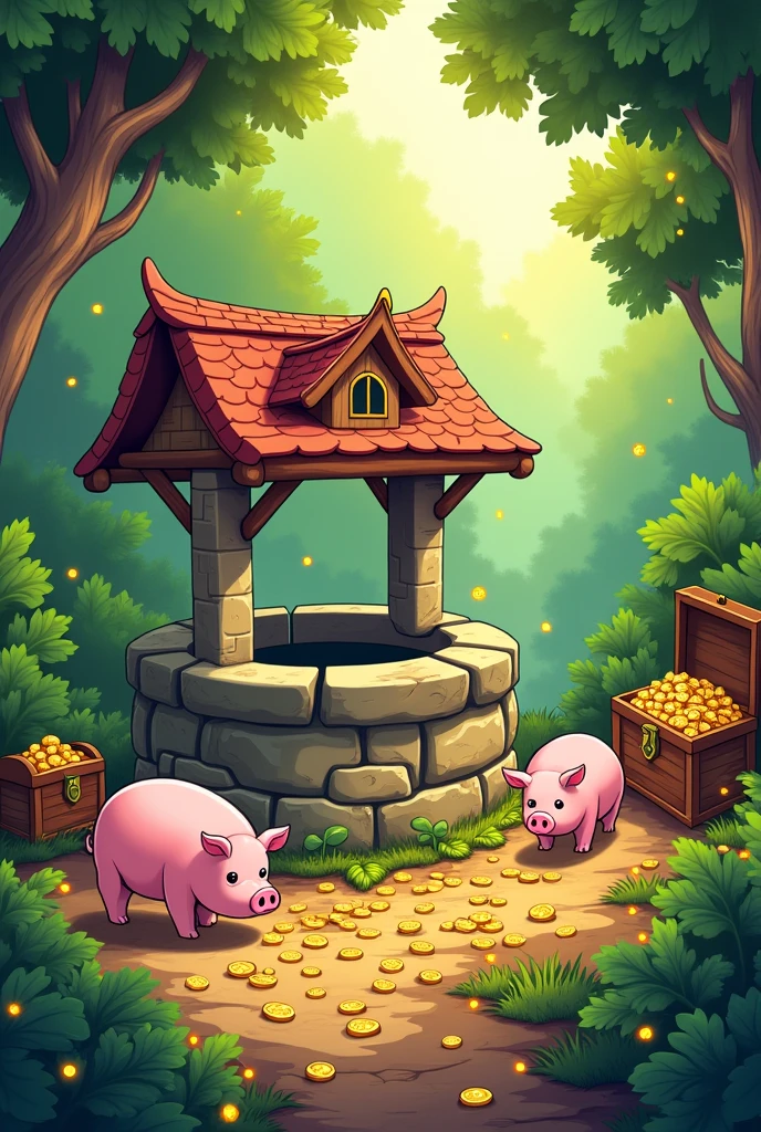 Cartoon drawing of a large well in the middle of a forest. There are pigs and treasure chests around the well. There is gold, silver, and golden sunlight shining down.