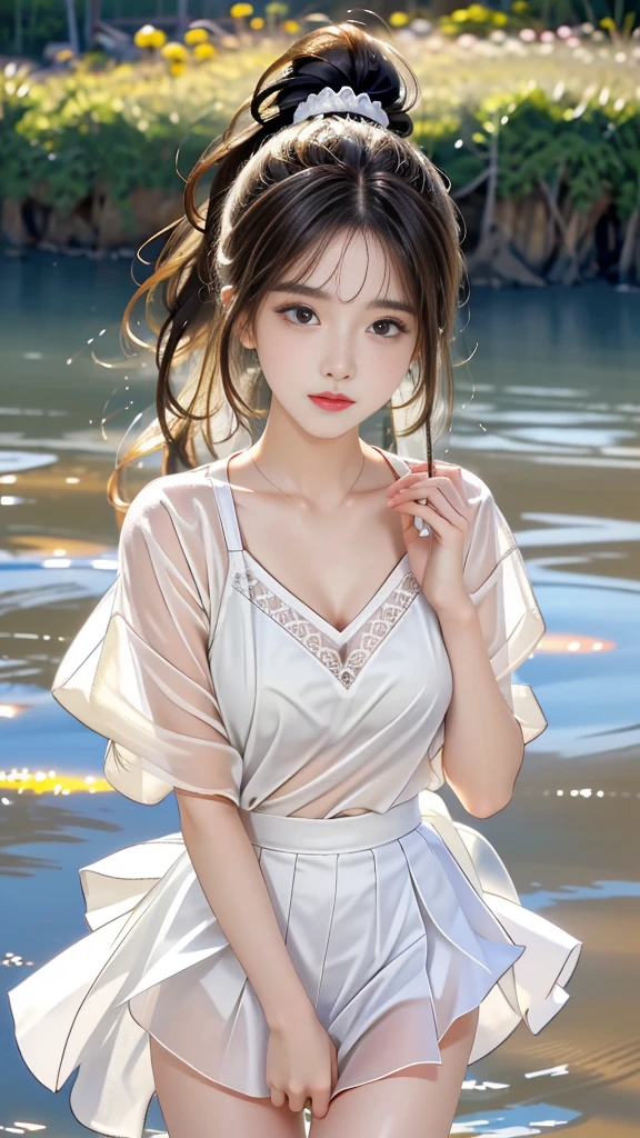 (masterpiece), (best quality), (Extremely detailed),(Messy hair),(illustration), (1 Korean girl), 18 years old， (Fashion), permanent, fashion model, Looking at the audience, (interview), ( background),Beautiful and delicate eyes, Delicate and beautiful face, floating,(High Saturation),(Colorful splash),Colorful bubbles,(shining), Focus on the face, Ponytail, Kamisato Ayaka, 淡紫色的Ponytail, Bangs, Hair ring, Floating flowers, Floating hair, (shining), Optimal lighting, Best shadow, Wet clothes, Sweating, Medium breasts，miniskirt，Hands down