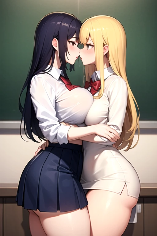 Lesbian (very long loose yellow hair)(big breasts, big thighs)(with school uniform clothes it is very tight) that he is kissing at school with his girlfriend,(big breasts, big thighs)lesbian love