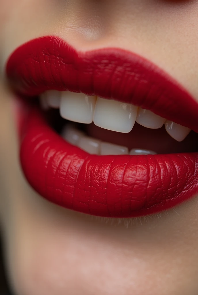 Extreme closeup of a girl’s lips wearing red lipstick and smiling