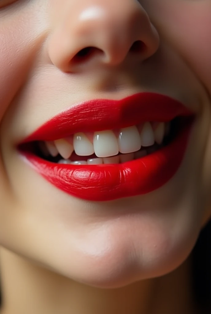 Extreme closeup of a girl’s lips wearing red lipstick and smiling