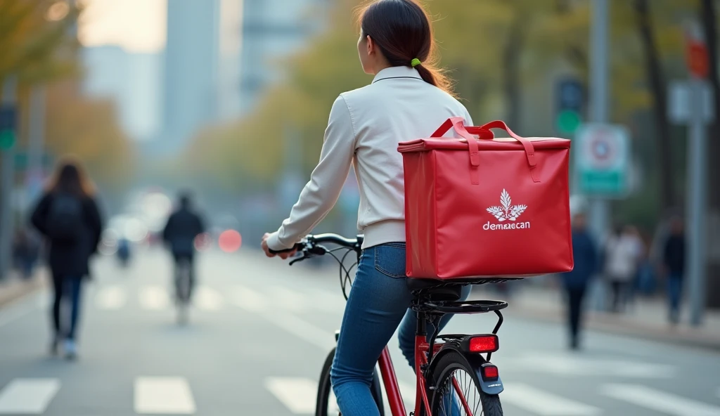 A cute Japanese woman is riding a cross bike through the busy streets, carrying a red delivery bag with the Demaecan logo on it.