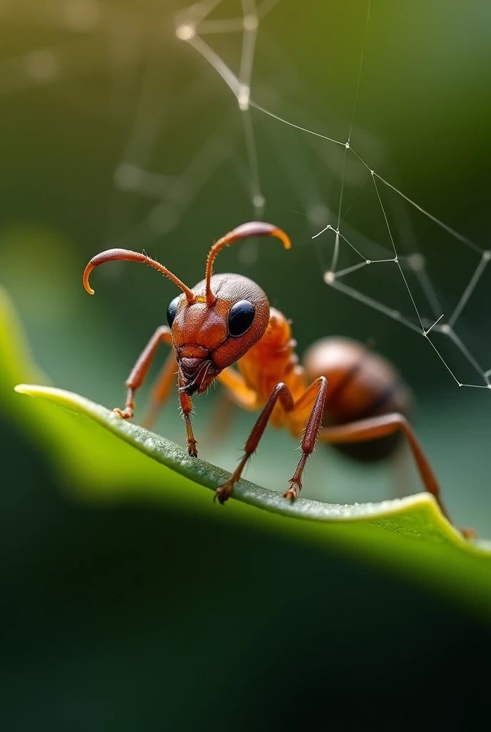 An ant, zoom ultra, all the details of the paws, the whole body of the ant, trying to escape from a spider web, focus on head and antennas, she holds a leaf, cinematic lighting, glowing light, uhd, masterpiece, accurate, super detail, highres