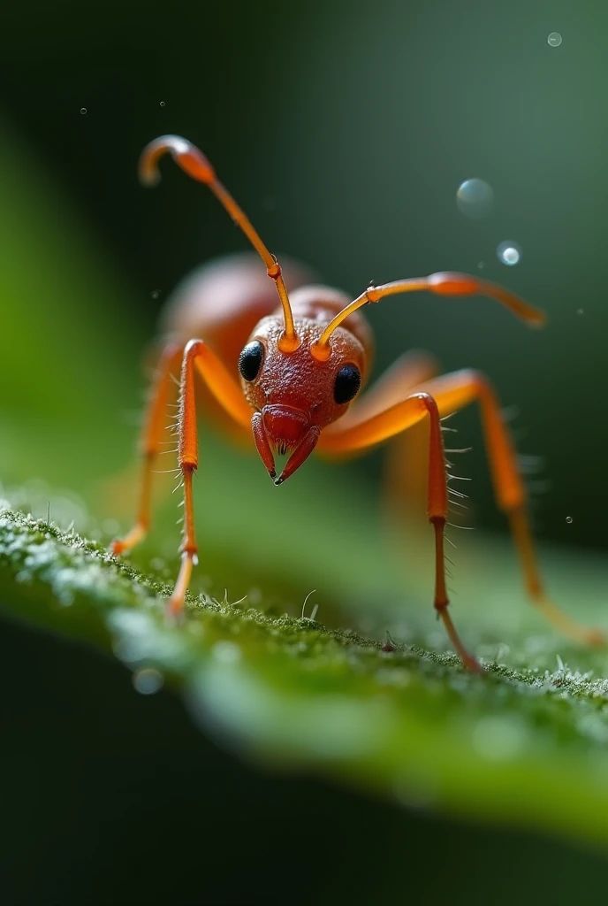 An ant, zoom ultra, all the details of the paws, the whole body of the ant, trying to escape from a spider web, focus on head and antennas, she holds a leaf, cinematic lighting, glowing light, uhd, masterpiece, accurate, super detail, highres