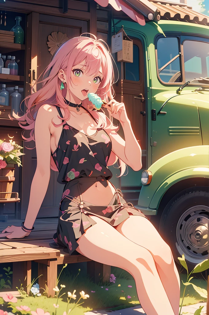 (masterpiece), (best quality), (ultra-detailed), (best illustration), (best shadow), (absurdres), Female, 25 years old, looking at viewer, medium breasts, 1girl, shy, nsfw, orgasm face, climax, detail eyes, kanroji_mitsuri, tongue, pink hair green, tongue, Icecream, 