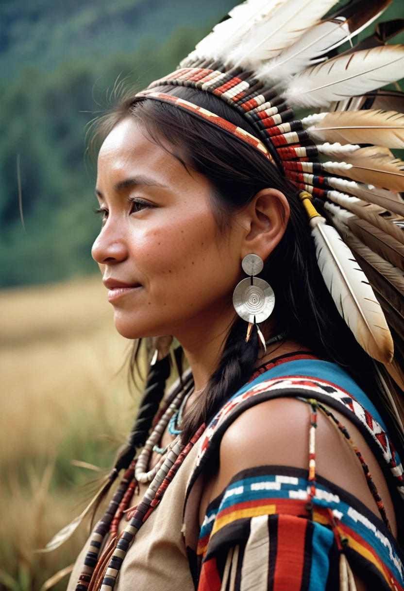 hyperrealistic photography, women, a slight smile, side view looking away from camera, close-up detail, embodying the resonance and depth of indigenous culture, in the style of photorealism, I can't believe how beautiful this is, Perfect skin, photorealistic, filmed with a Canon A7III --without pecas --ar 1:2 -- stylize 750