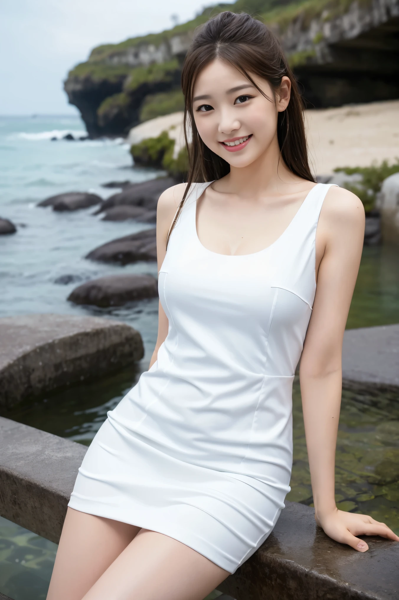 (8k), (highest quality: 1.2), (realistic), (realistic: 1.37), ultra high resolution, 1 girl, cute, smile, closed mouth, beautiful details, beautiful nose, whole body, wet hair, giant dulcefo, pork, thighs, dark white Dress,sleeveless dress,mini dress,seaside,