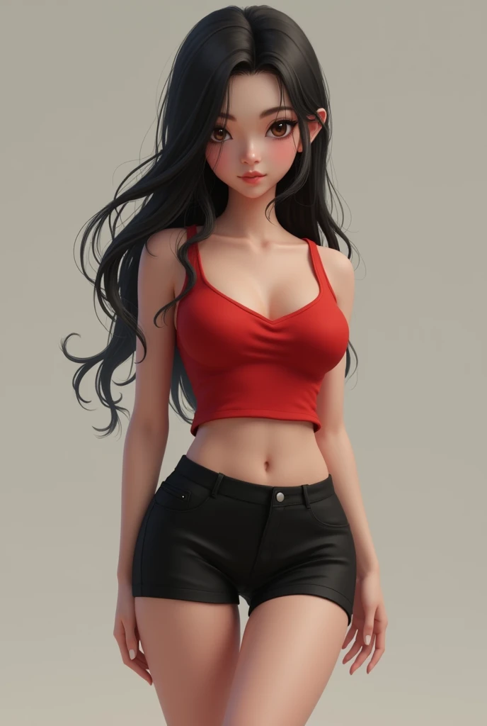 A girl in a red tank top,a black short that reaches her ass,She has big tits and a big ass,She&#39;s a little skinny,has black hair,has white skin,