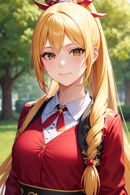 detailed portrait of a young female student with long yellow hair in a high ponytail, wearing a red flower hair ornament, looking happy and confident, realistic, photorealistic, vibrant colors, 8k, extremely detailed, masterpiece