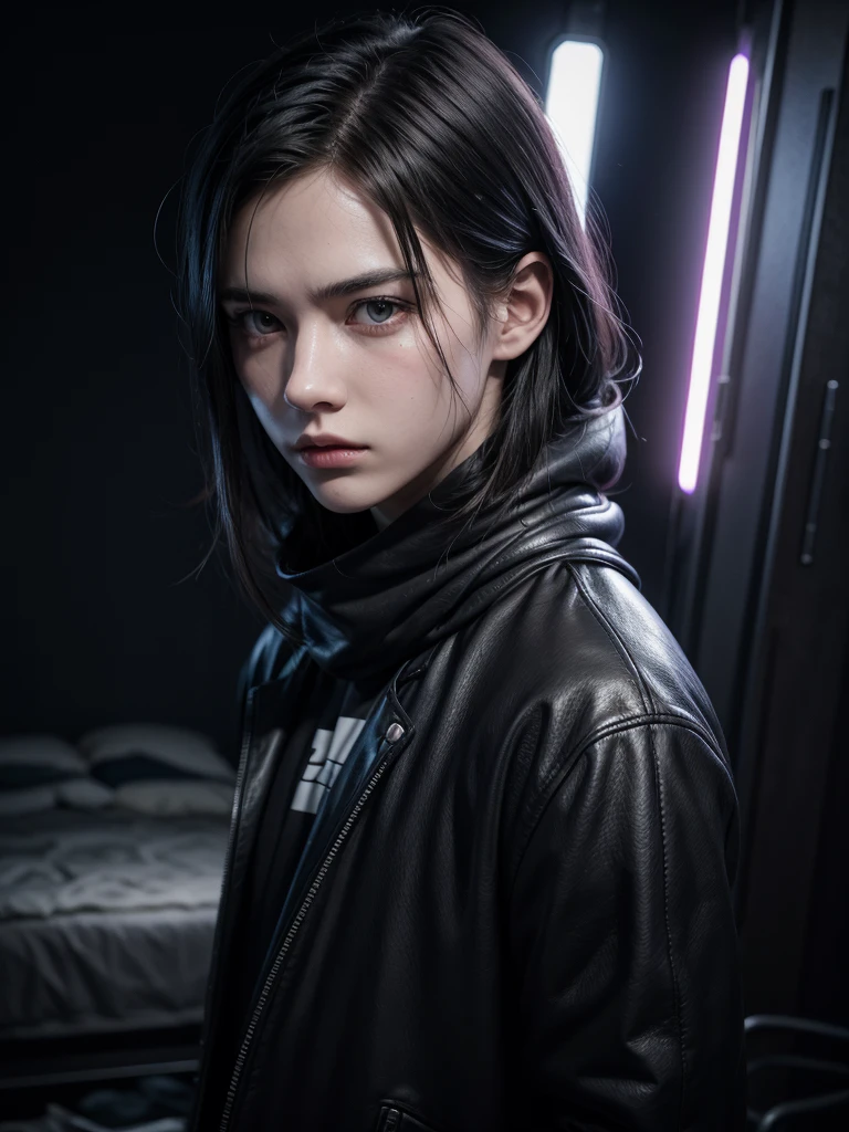 a serious and threatening 20 year old man, pale skin, long straight black hair reaching shoulders, glowing yellow eyes, tight black shirt, torn purple scarf, white stripes like gloves, purple glow background, anime art style, (best quality, 4k, 8k, highres, masterpiece:1.2), ultra-detailed, (realistic, photorealistic, photo-realistic:1.37), sharp focus, physically-based rendering, extreme detail description, professional, vivid colors, HDR, UHD, studio lighting