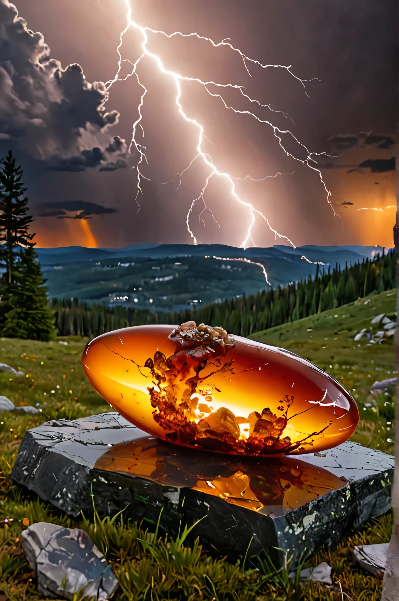 "In this breathtaking image, A large piece of amber is lying on the ground, Surrounded by an electric halo. When lightning strikes a stone, Electricity is attracted to amber, Create beautiful and unique sights. The surrounding scenery is beautifully painted, The lighting is also great. The whole landscape is a true masterpiece of nature and art., Filling the air with a spectacular show of power and beauty."