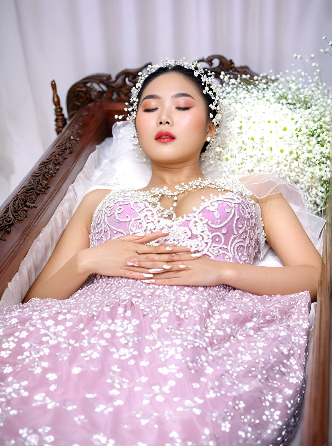 In a striking 8K HDR scene, a stunning Korean woman, 22 years old, lies peacefully in a long coffin and coffin lid beside the dead body. surrounded by plush pillows behind head. The deep box is set against a rich white background, accentuating the beauty of the subject. Her exquisite deep-V neckline kebaya attire is embroidered with superb detail, showcasing her round and firm breasts, perfect cleavage, and beautiful eyebrows. Her closed eyes and mouth give an air of serenity, while her visible and absolute cleavage leave nothing to imagination. The scene is bathed in saturated colors, highlighting every intricate aspect from the ball skirt to her clean face, straight body, detailed hand perfect hands, straight body, own hands together, own hand on stomach, detailed hands, perfect hands, holding the flowers