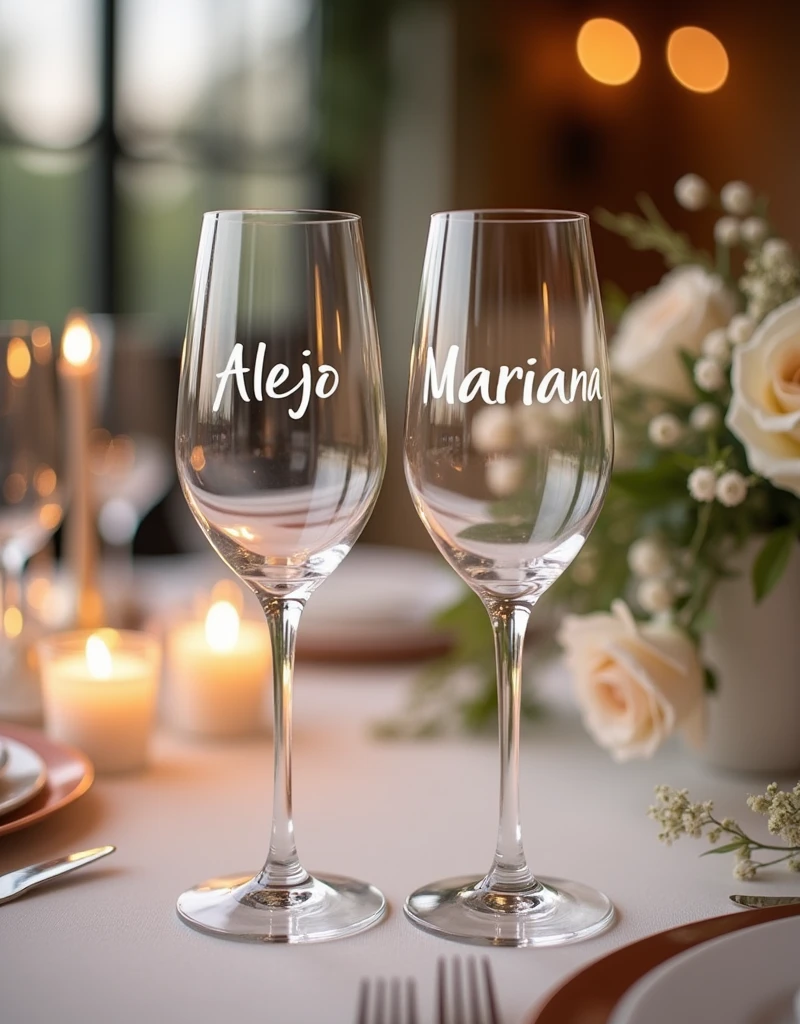 Wedding glasses with the names Alejo and Mariana