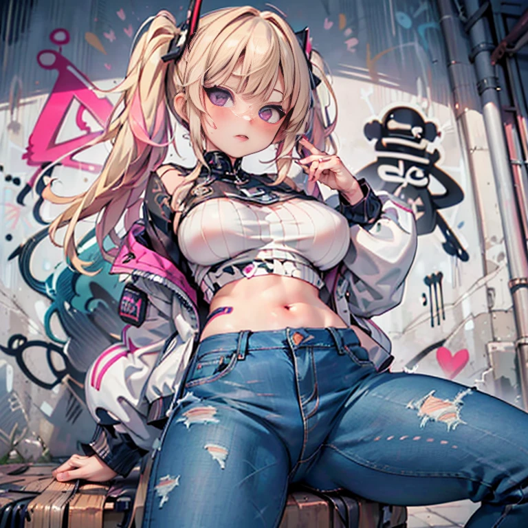 Anime Kawaii sexy Perfect Slim sensual body large breast and huge thighs, An intricate and highly detailed illustration of anime ( girl) 8K,Ultra Detail,ultra-quality,ultra precision,ultimate masterpiece,GAL,big ,big Thigh,white leather jacket,jeans,twin tail(blond&pink mix),cool Graffiti on the wall,Cyber punk street,