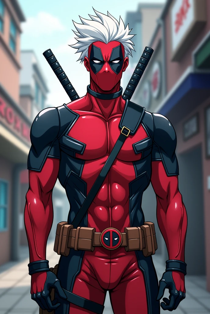 Gojo in Deadpool costume without mask 