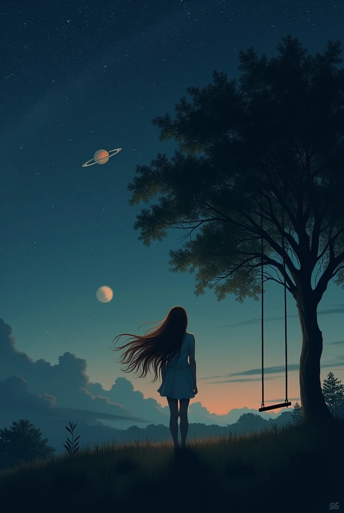 An image in the field at night, a woman with long brown hair from behind, under a tree with a swing. this'it's night and you can see the stars in the sky, the moon and saturn'rings s, saturno da pra ser vthis no ceu