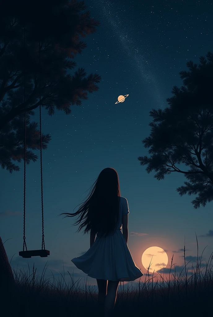 An image in the field at night, a woman with long brown hair from behind, under a tree with a swing. this'it's night and you can see the stars in the sky, the moon and saturn'rings s, saturno da pra ser vthis no ceu