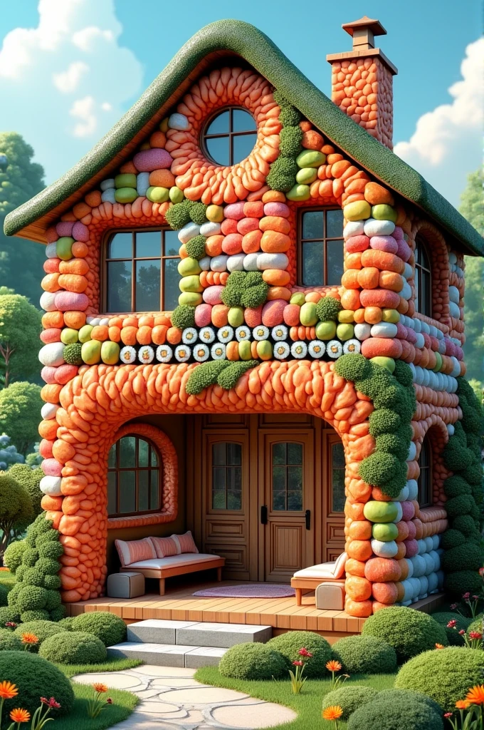 Imagine a house, built entirely out of sushi rolls! The facade is decorated with colorful rolls with different fillings.: with salmon, cucumber, avocado and caviar. The walls look like giant sushi panels., where each section represents a unique type of roll, creating a colorful and appetizing look.
The roof can be made from large sheets of nori, giving the house a special charm. The windows are designed as transparent films, to let light through, but at the same time maintain the atmosphere. Inside the house, you can create a cozy space with soft pillows and tables for serving Japanese cuisine..
A small garden with miniature plants can be placed around the house., which are reminiscent of Japanese traditions, and a recreation area, where you can enjoy sushi dishes in the open air. This house will be a real work of art for lovers of Japanese cuisine!