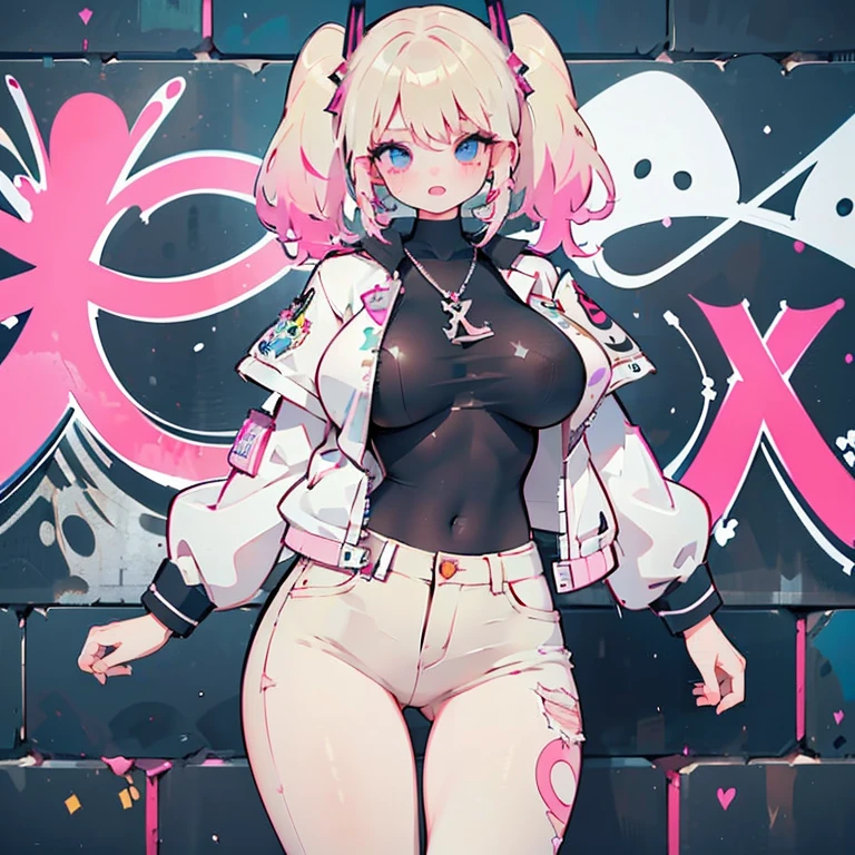 Anime Kawaii y Perfect Slim sensual body large bred huge thighs, An intricate and highly detailed illustration of anime (Young girl) 8K,Ultra Detail,ultra-quality,ultra precision,ultimate masterpiece,GAL,big ,big Thigh,white leather jacket,jeans,twin tail(blond&pink mix),cool Graffiti on the wall,Cyber punk street,