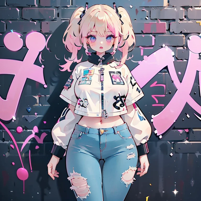 Anime Kawaii sexy Perfect Slim sensual body large breast and huge thighs, An intricate and highly detailed illustration of anime (Young girl)  8K,Ultra Detail,ultra-quality,ultra precision,ultimate masterpiece,GAL,big ,big Thigh,white leather jacket,jeans,twin tail(blond&pink mix),cool Graffiti on the wall,Cyber punk street,