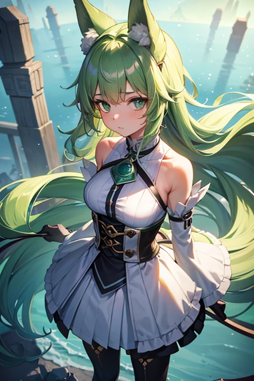 work of art, best qualityer, 1 girl, standing alone, Tuuli, greeneyes, pan-green silver hair, half long animal hair_ears, animal_ear_fluffly, floating hair, looking ahead at viewer, 