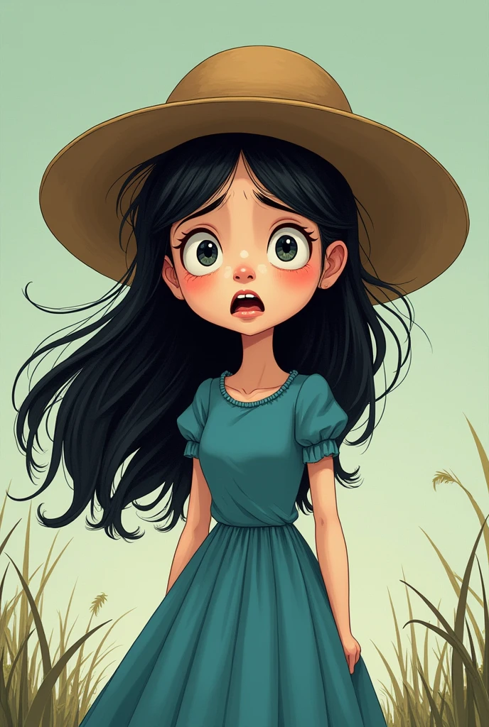  cartoon with nude long hair, nude round hat, blue dress is crying hardly because there is cruel hag