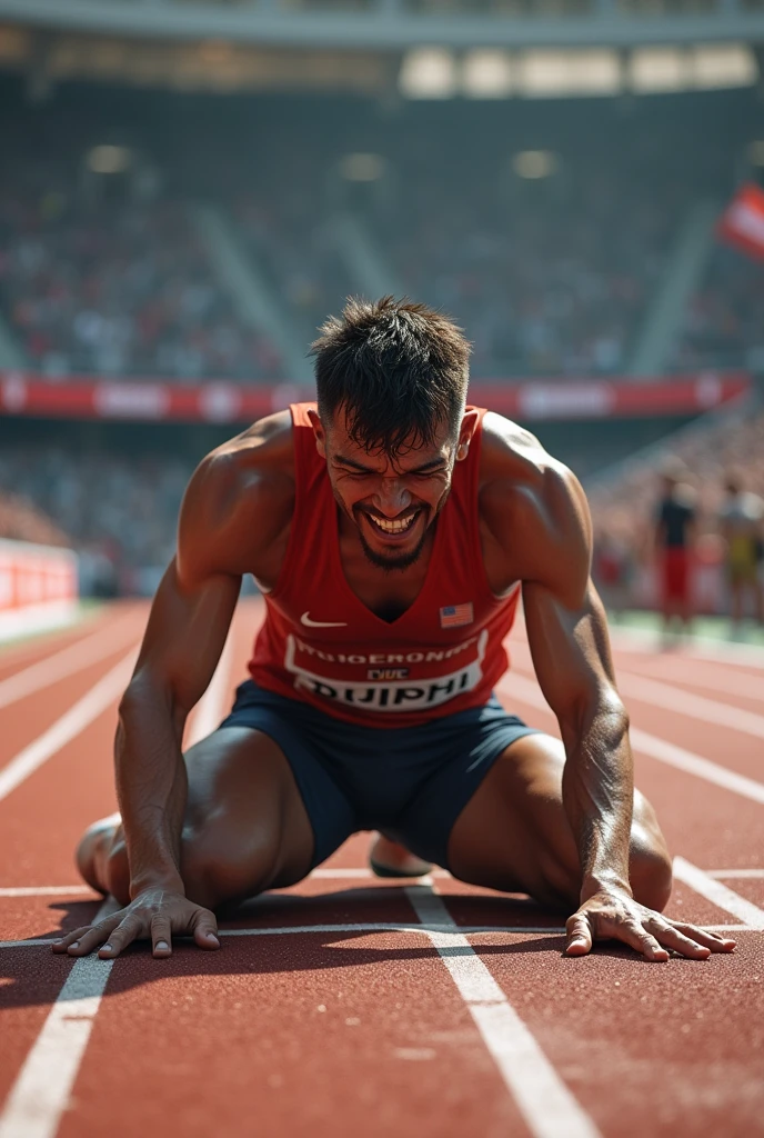 An exhausted runner crossing the finish line, falling to the ground, visibly relieved to have finished the race
