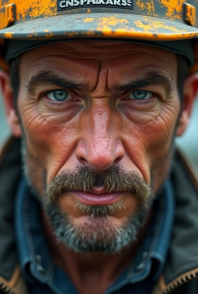 "A close-up of a construction worker's face, focusing on intense eyes and a weathered look. The logo should be vintage-inspired with a retro color palette, using hand-drawn illustrations."