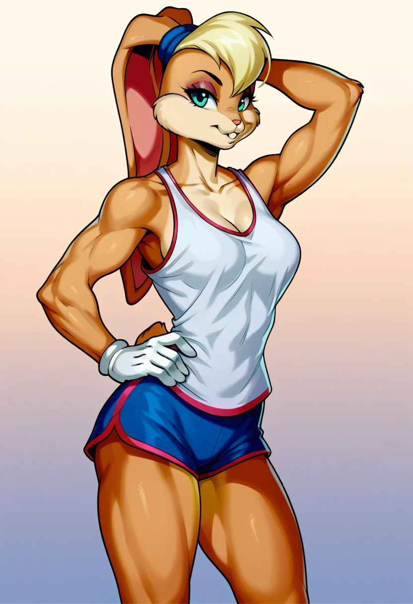 score_9, score_7_up, furry, 1girl, solo, lola bunny, breasts, shorts, thighs, toned, tank top, gradient background, the pose