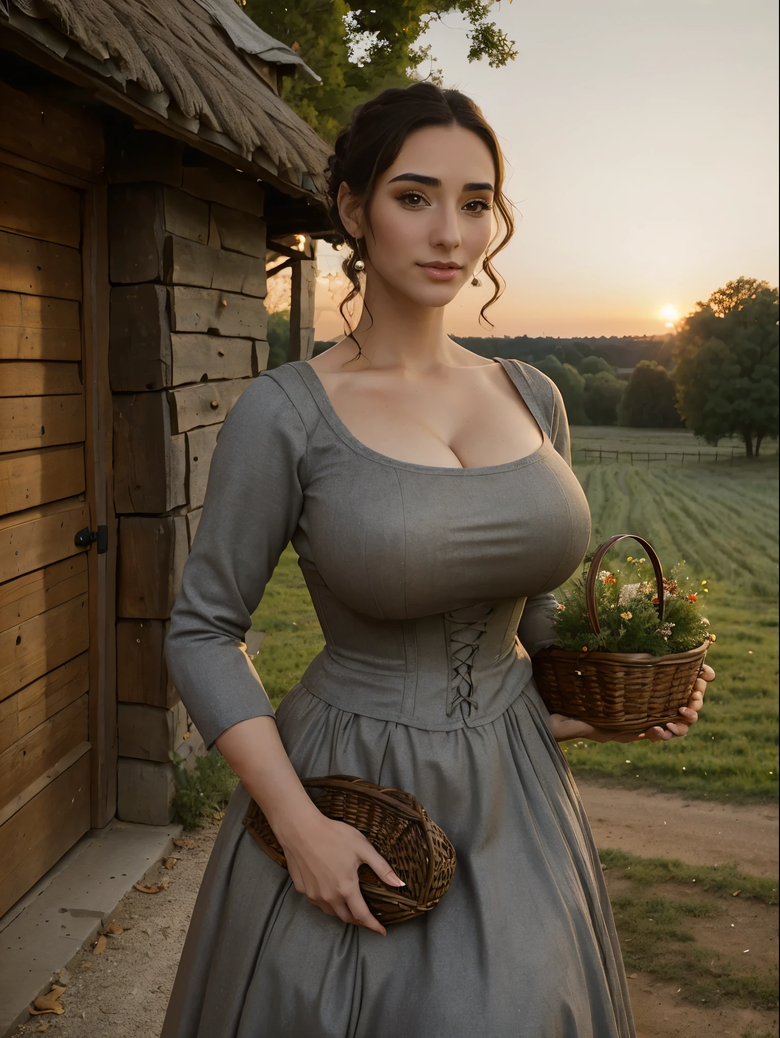 Gorgeous and sultry busty athletic (thin) brunette peasant with sharp facial features wearing a modest updo, medieval hair cover, rough-spun grey and brown medieval dress, long sleeves, wide neck, long dress, tight bodice, corset, Middle Ages, cottage, farm, exterior, trees, countryside, evening, sunset. large breasts, decolletage. Holding a basket.