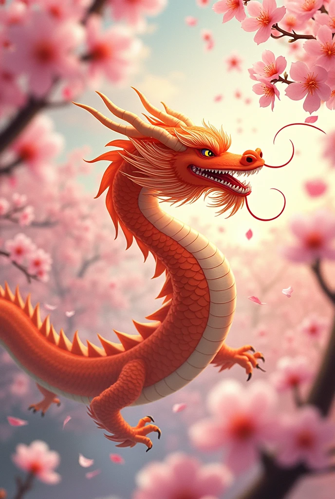 An orange Chinese dragon flying with cherry blossoms near L