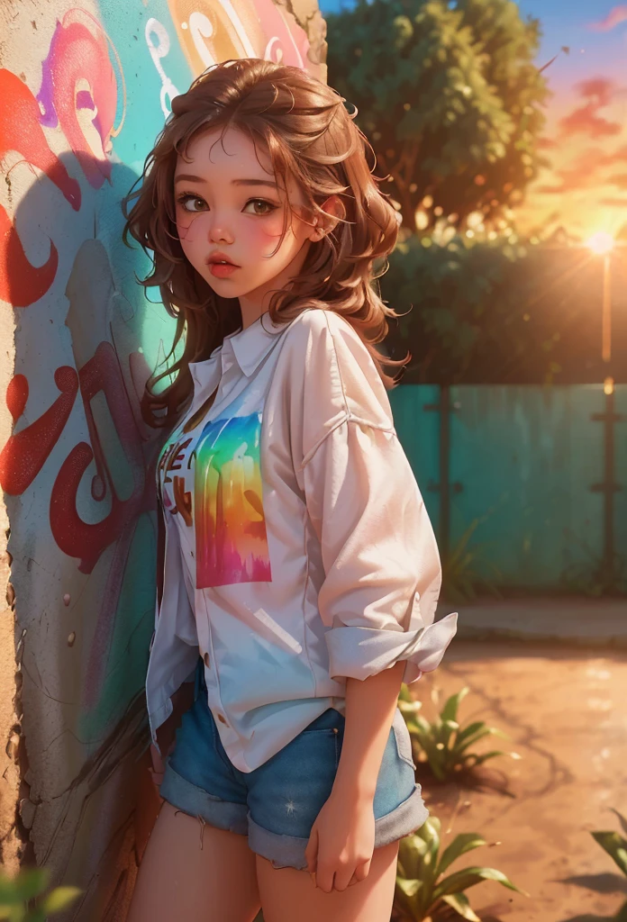 Cute girl around 10 years old in front of a wall with graffiti, playful expression, brown hair, dynamic angle, sunset, (cute, lovely, attractive:1.2), (surreal, realistic details:1.37), (best quality, 4k, 8k, high resolution, masterpiece:1.2), very detailed, (vivid colors, bokeh)