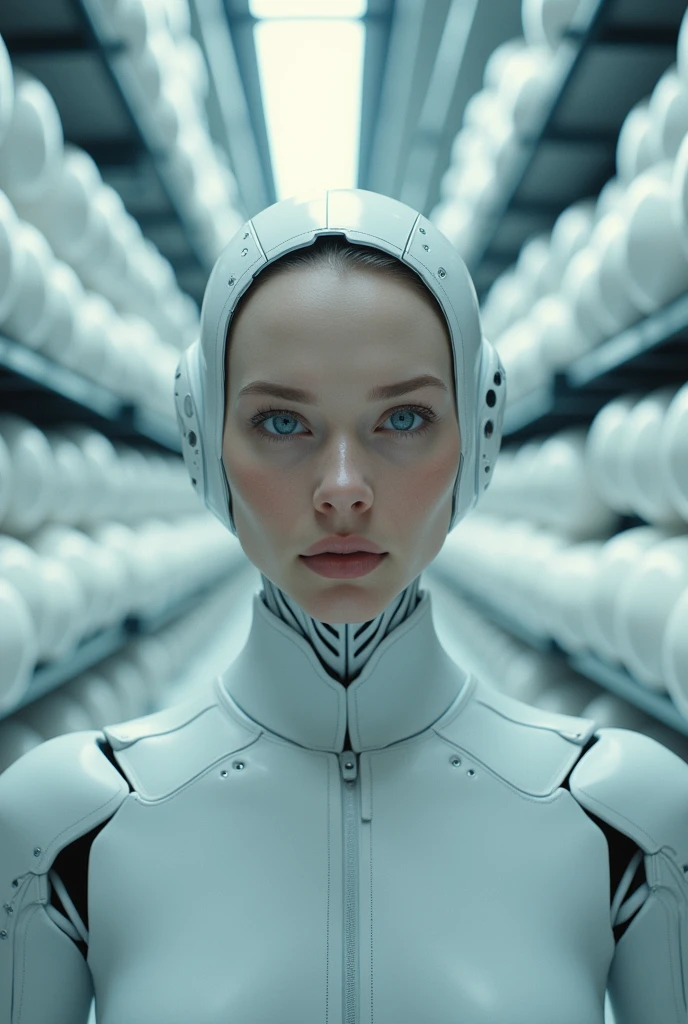 Many balls lined up in a row, Highly detailed VFX scenes, White biomechanical details, Darren Aronofsky, Human Computer, Large Arrays, Portrait of a female android, Artificial Intelligence Logo, Human female, Blu-ray image, Anthropomorphic woman, Cycle Engine --ar 16:9