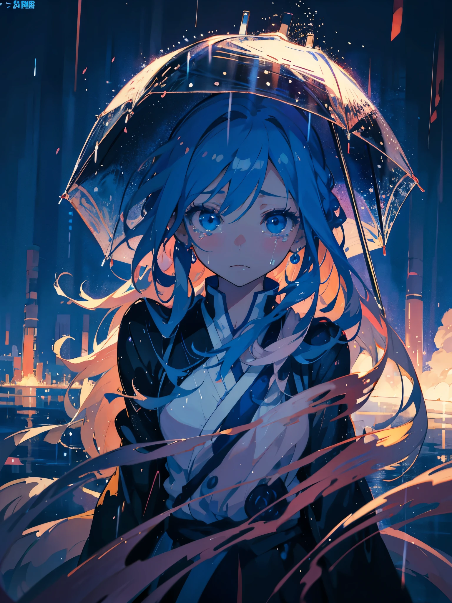 in the rain、Anime girl with blue eyes and long hair, by Yuumei, Beautiful anime portraits, 2D Anime Style, Tears in the Rain, Sad blue eyes, avatar image, Shining blue eyes, Anime Shōnen, Anime style portrait, inspired by Okumura Masanobu, Beautiful anime style, anime moe art style, anime art style