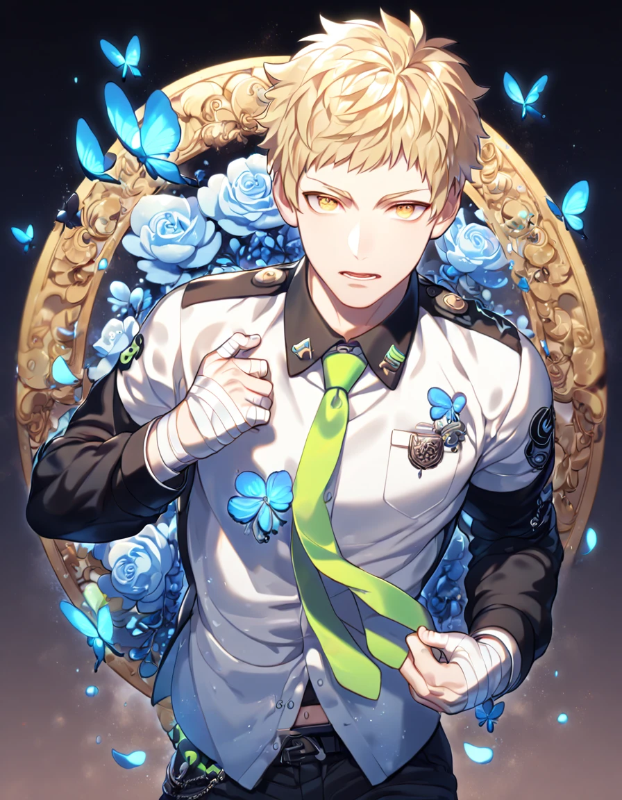 absurdres, highres, ultra detailed, HDR, master piece, best quality, extremely detailed, Noiz, blond hair, short bangs, expressive yellow eyes, Dramatical Murder, solo, sexy man, handsome, manly man, sensual, white collared shirt with a long sleeved black undershirt, a light-green tie, badges on his chest pocket and tie, bandages on the hands, fantasy, magical, blue moon, blue flowers, blue butterflies, blue petals, blossoms, water