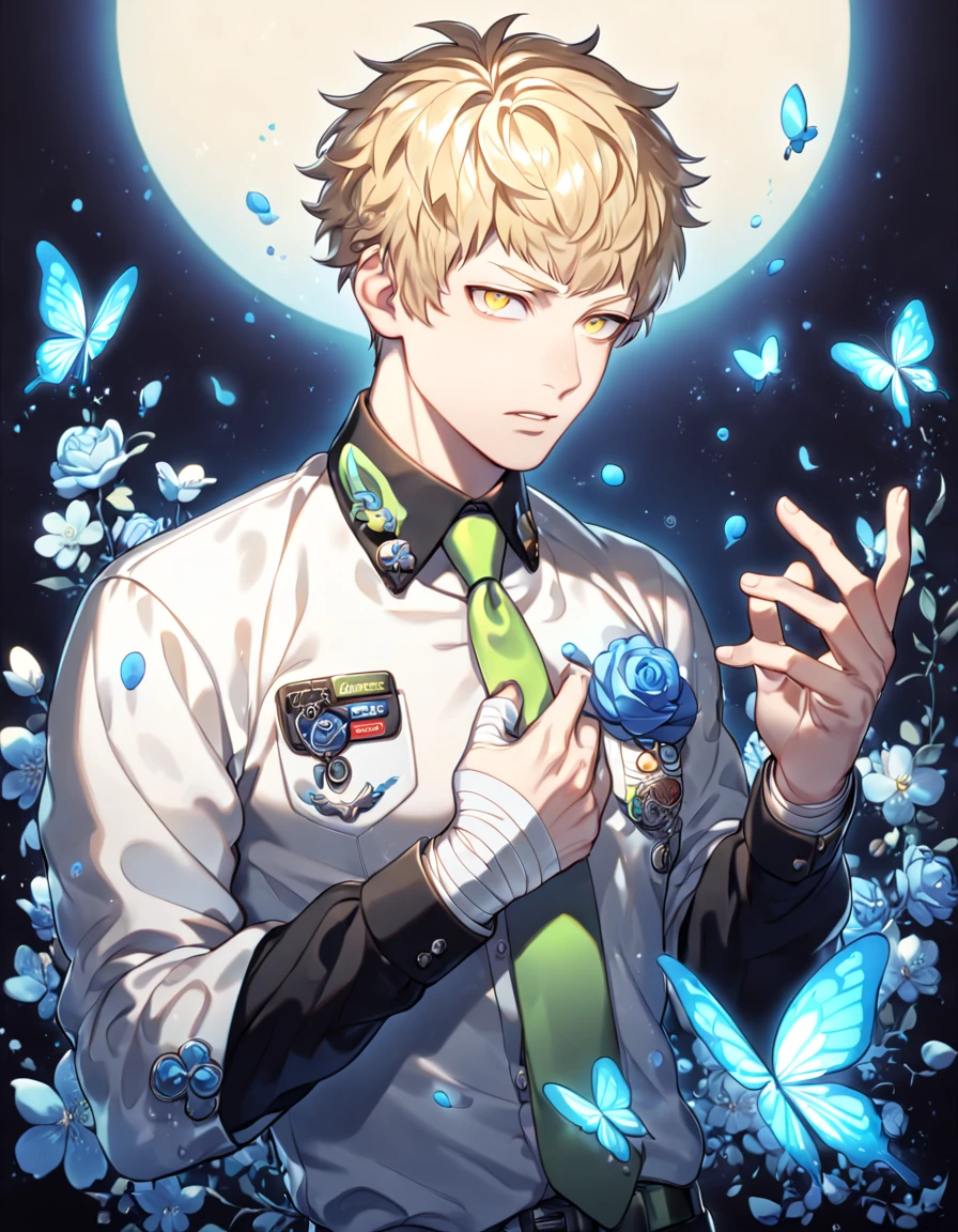 absurdres, highres, ultra detailed, HDR, master piece, best quality, extremely detailed, Noiz, blond hair, short bangs, expressive yellow eyes, Dramatical Murder, solo, sexy man, handsome, manly man, sensual, white collared shirt with a long sleeved black undershirt, a light-green tie, badges on his chest pocket and tie, bandages on the hands, fantasy, magical, blue moon, blue flowers, blue butterflies, blue petals, blossoms, water