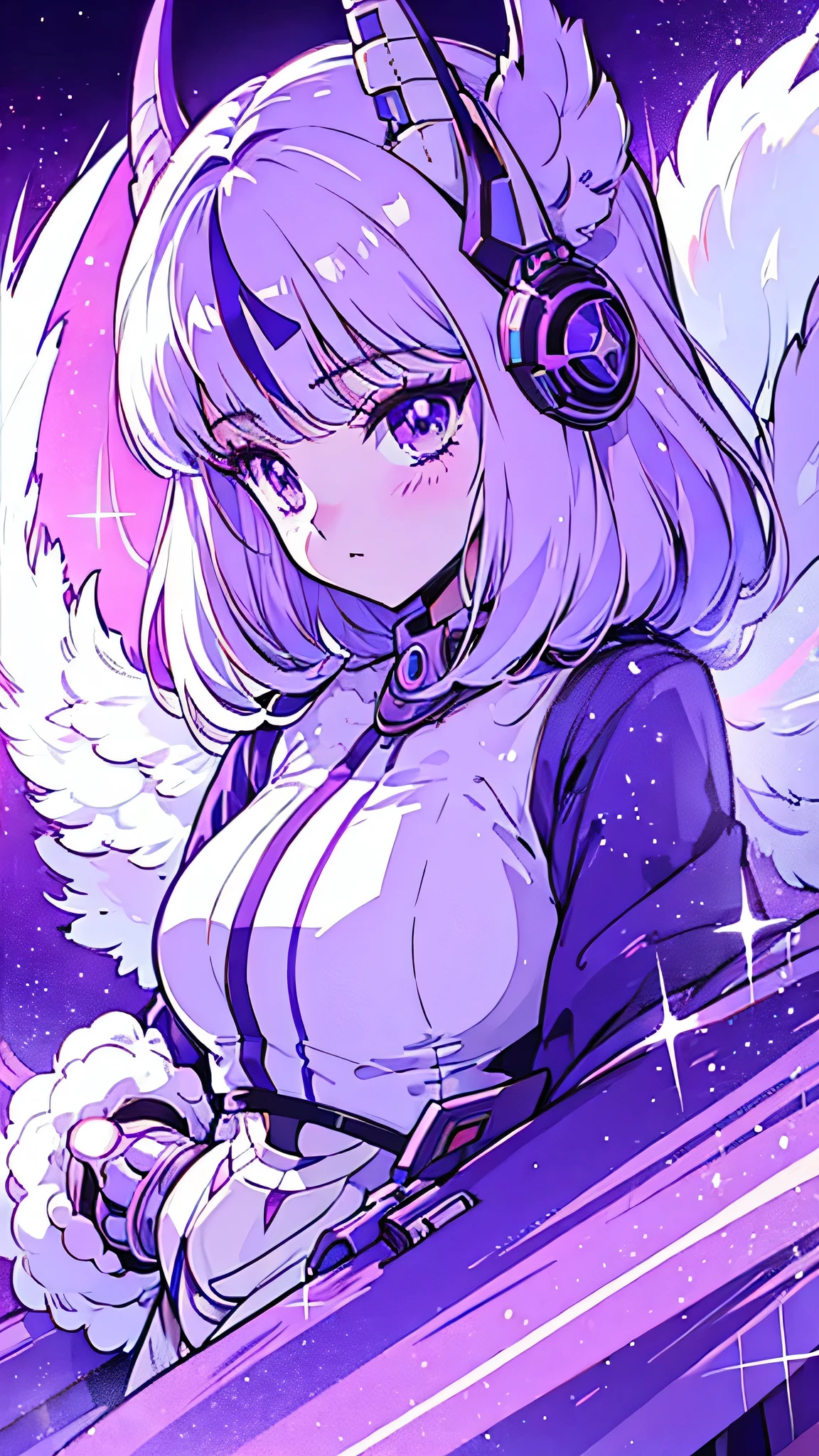 1 girl, by white, multicolor fur, purple eyes, mask on the head, side lighting, light particles, Wallpaper, armed, perspiration