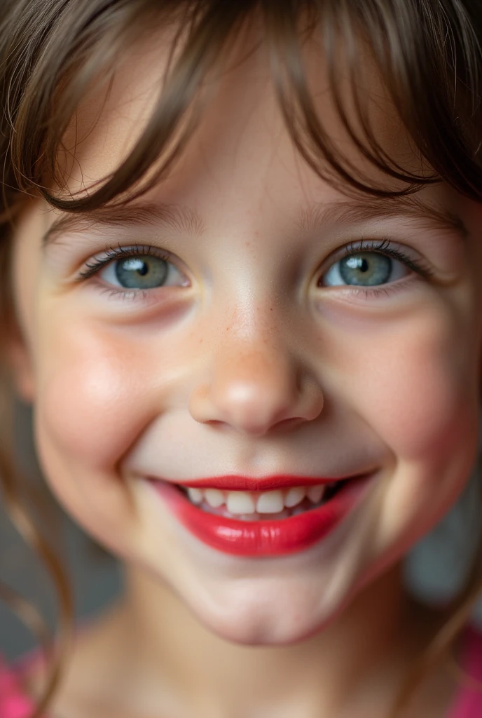 closeup of a female child’s face wearing red lipstick and smiling