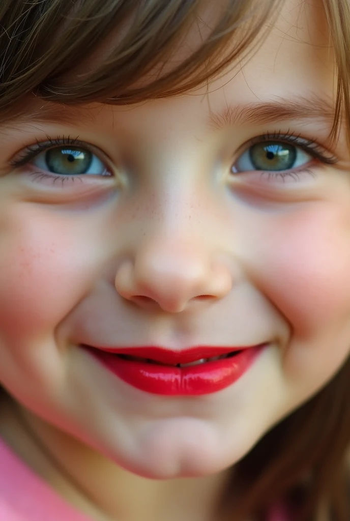 closeup of a female child’s face wearing red lipstick and smiling
